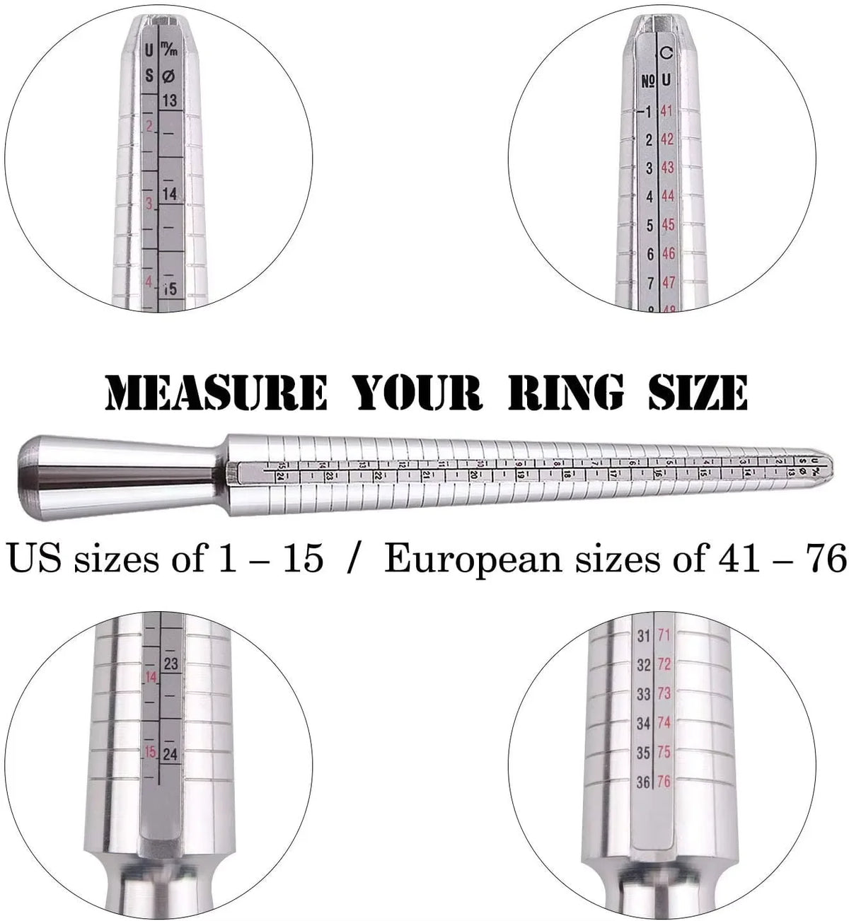 Precision metal ring sizer kit showing various scales for US and European ring sizes.