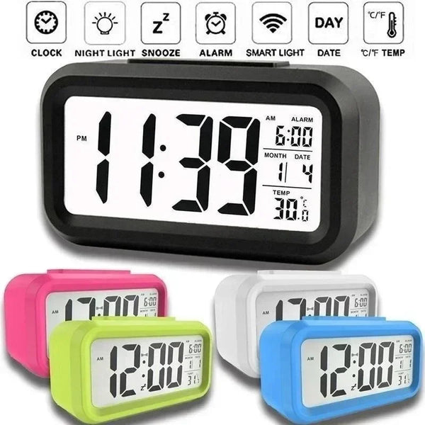 A collection of LED digital alarm clocks in pink, lime green, white, and blue colors.