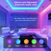 A modern living room illuminated by vibrant purple and blue LED strips, showcasing adjustable color modes.