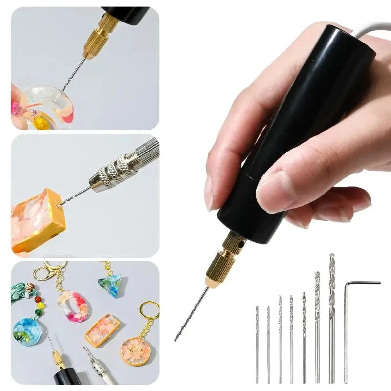 A hand holds a mini electric drill with various tips for resin and crafting work.
