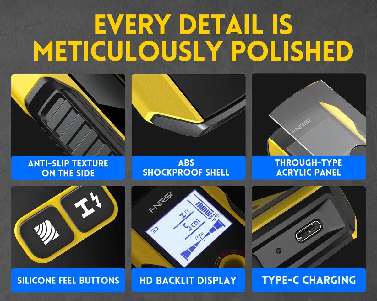 Close-up view of a yellow multi-function metal detector showing features like anti-slip texture, ABS shockproof shell, acryli