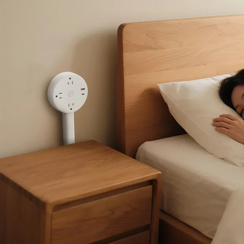 A wooden nightstand next to a bed with a white rotating electrical outlet extender mounted on the wall.
