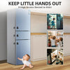 A silver refrigerator with silicone locks preventing children from accessing the contents.