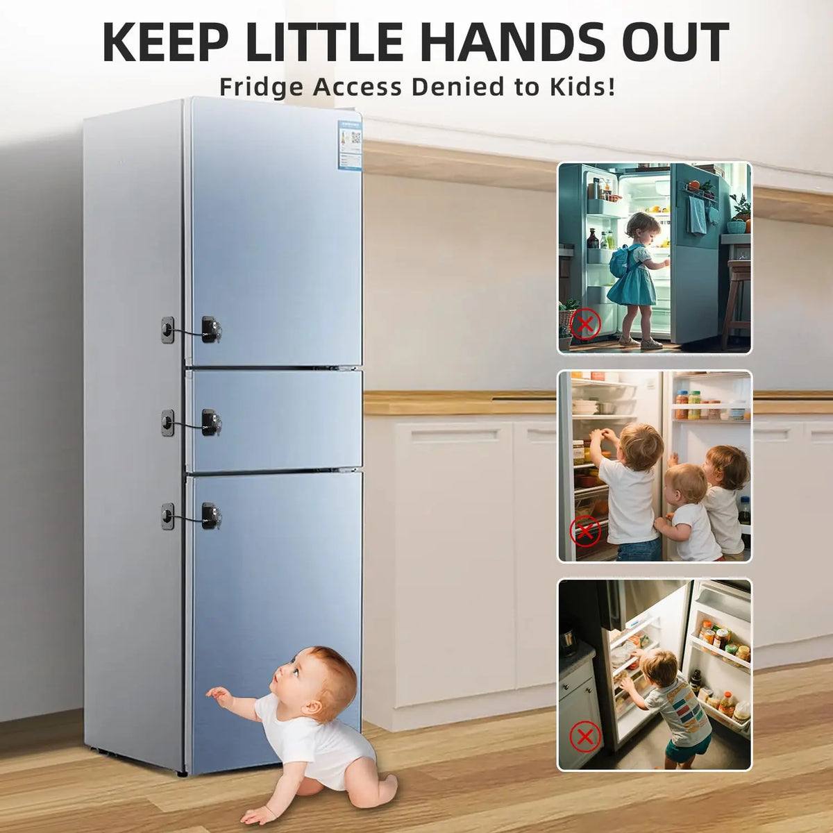 A silver refrigerator with silicone locks preventing children from accessing the contents.