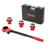 A black tool case and a red pipe threader tool are shown.