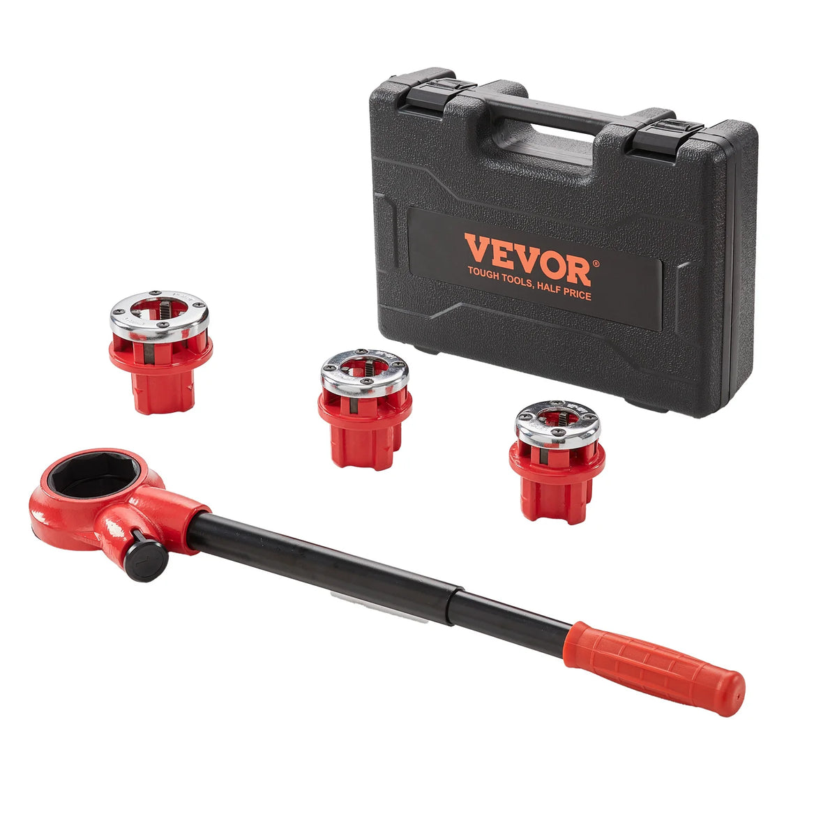 A black tool case and a red pipe threader tool are shown.