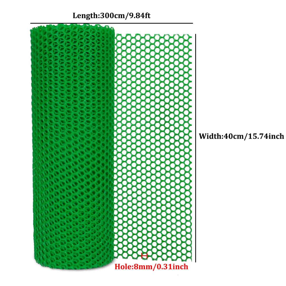 Zyliges grünes Kunststoffdrahtgitter, 300 cm lang und 40 cm breit.