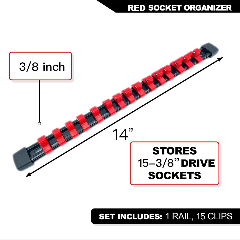 A red socket organizer rail with 15 clips is shown, measuring 14 inches and designed for 15-3/8 inch drive sockets.