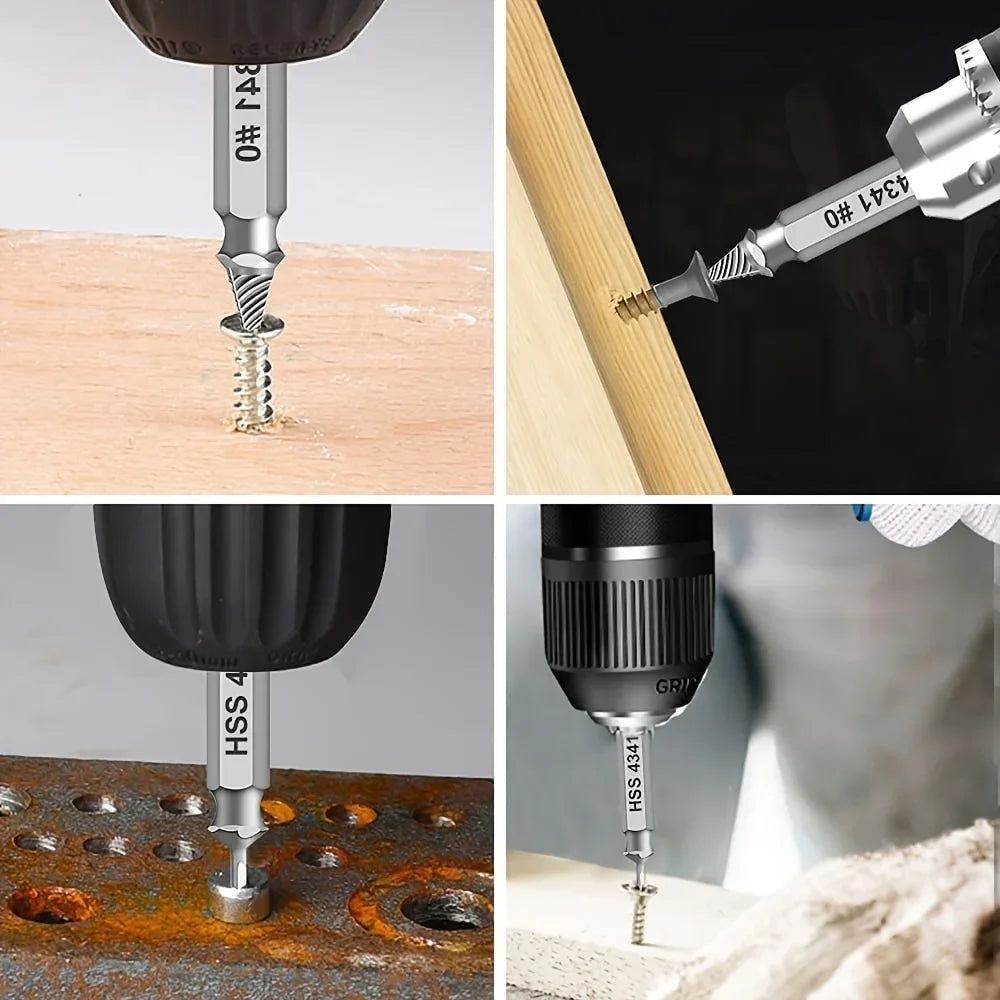 Close-up view of a heavy-duty screw extractor kit being used to remove a stripped screw from wood and metal surfaces.