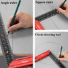 A set of precision stainless steel measuring tools including an angle ruler, square ruler, and a circle drawing tool.