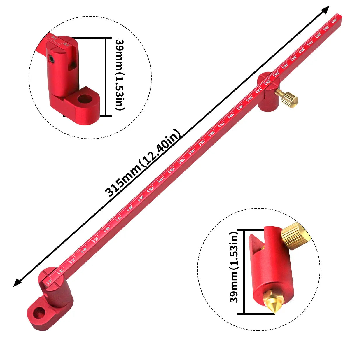 A precision drawing circle ruler with a 300mm length and adjustable features shown in various views.