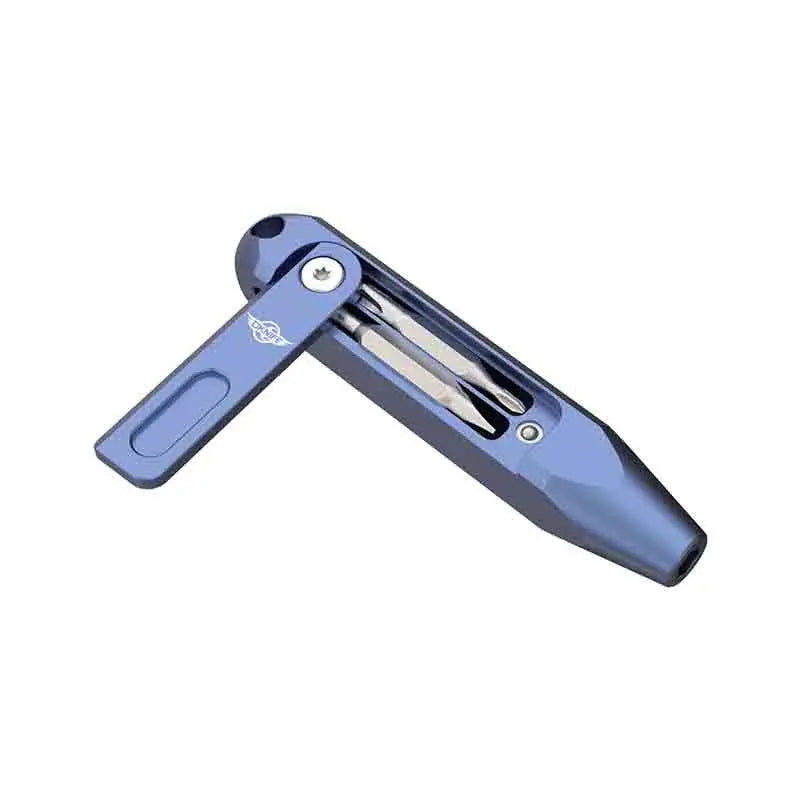 A close-up view of a blue titanium alloy multifunctional screwdriver tool.