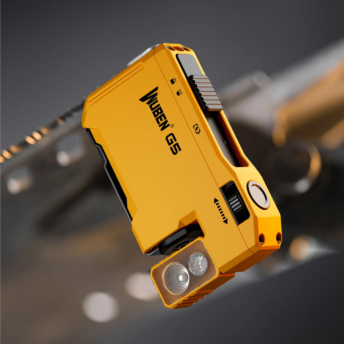 A yellow MUBEN G5 rechargeable EDC flashlight is shown in a close-up, angled view.