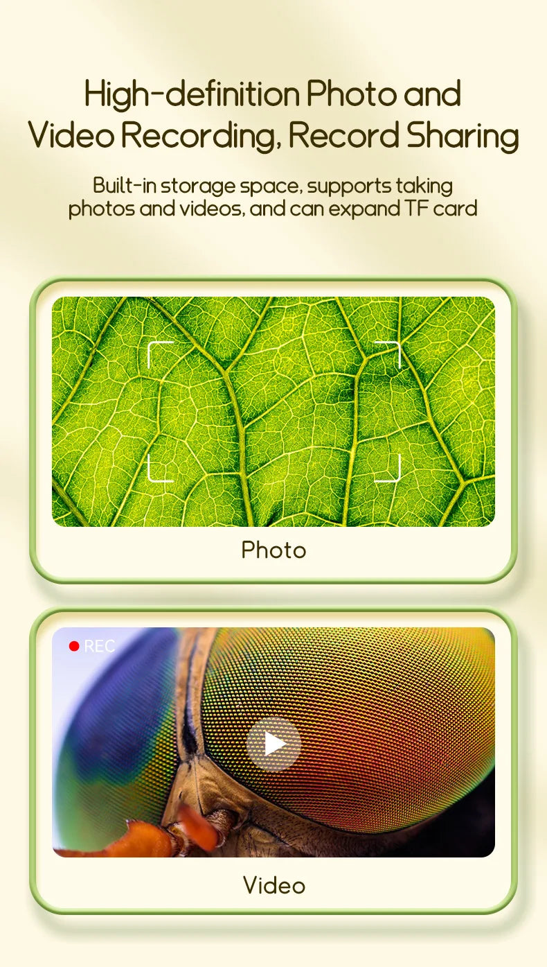 A photo of a green leaf, demonstrating the high-definition photo recording capability of a pocket digital microscope for kids