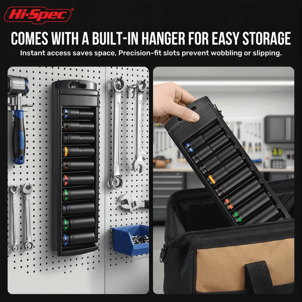 A black impact socket set with a built-in hanger is shown next to an open storage rack and a hand holding the socket set.