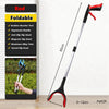 A red foldable silicone garbage grabber tool with a long shaft and swivel clip head is shown against a white background.