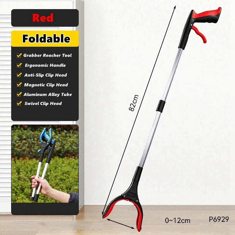 A red foldable silicone garbage grabber tool with a long shaft and swivel clip head is shown against a white background.