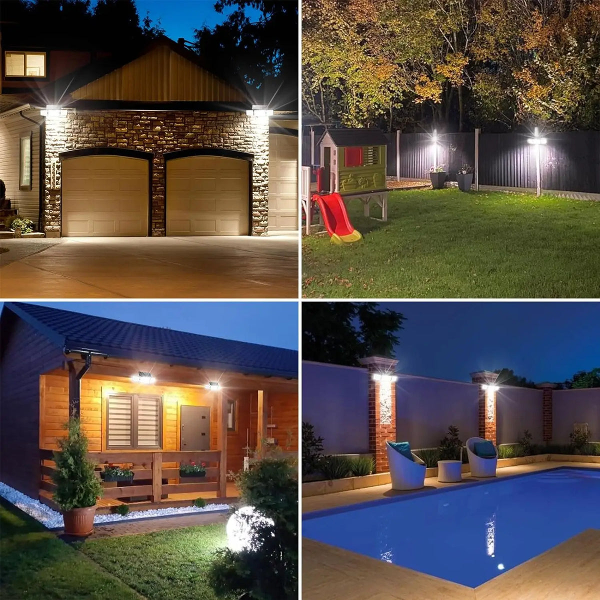 Collection de scènes d'éclairage extérieur avec lumières à détecteur de mouvement solaire illuminant une maison, un jardin et