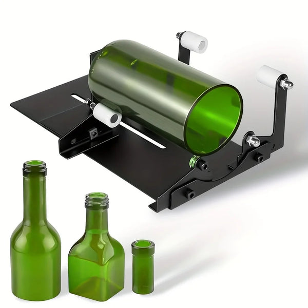 Schwarzes, verstellbares Glasflaschen-Scheren-Set mit grüner Flasche und Glassplitter.