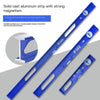 A blue solid cast aluminum strip with strong magnetism used as a precision bubble level and angle ruler.
