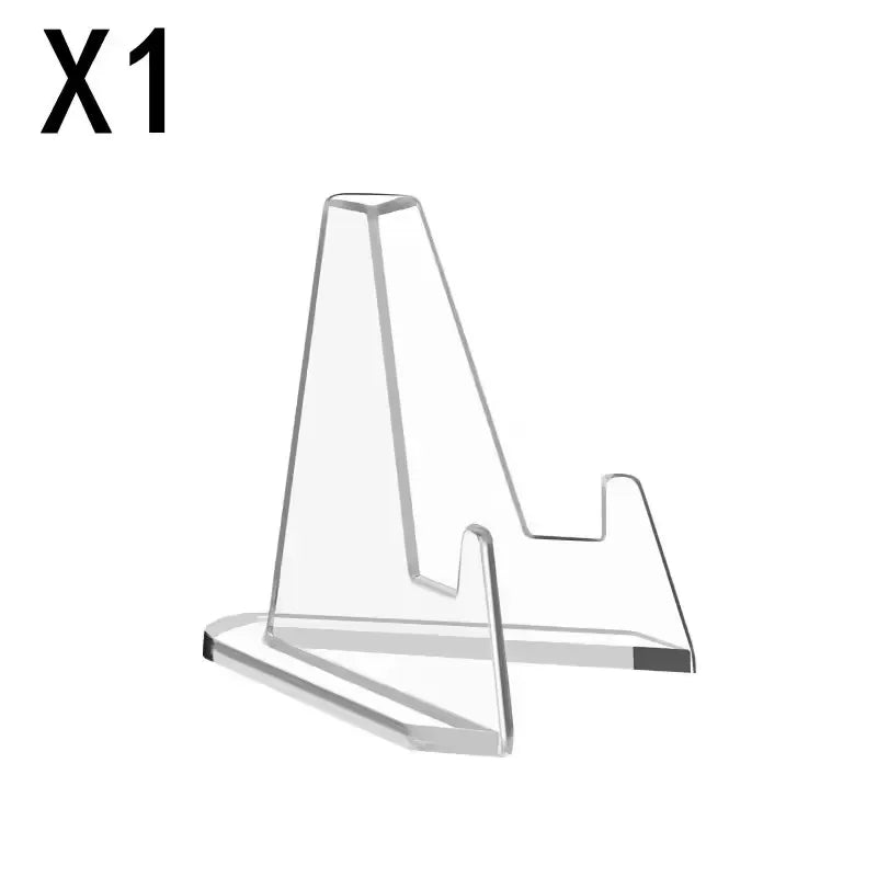 Clear acrylic display stand for collectibles with a slanted, angled design.