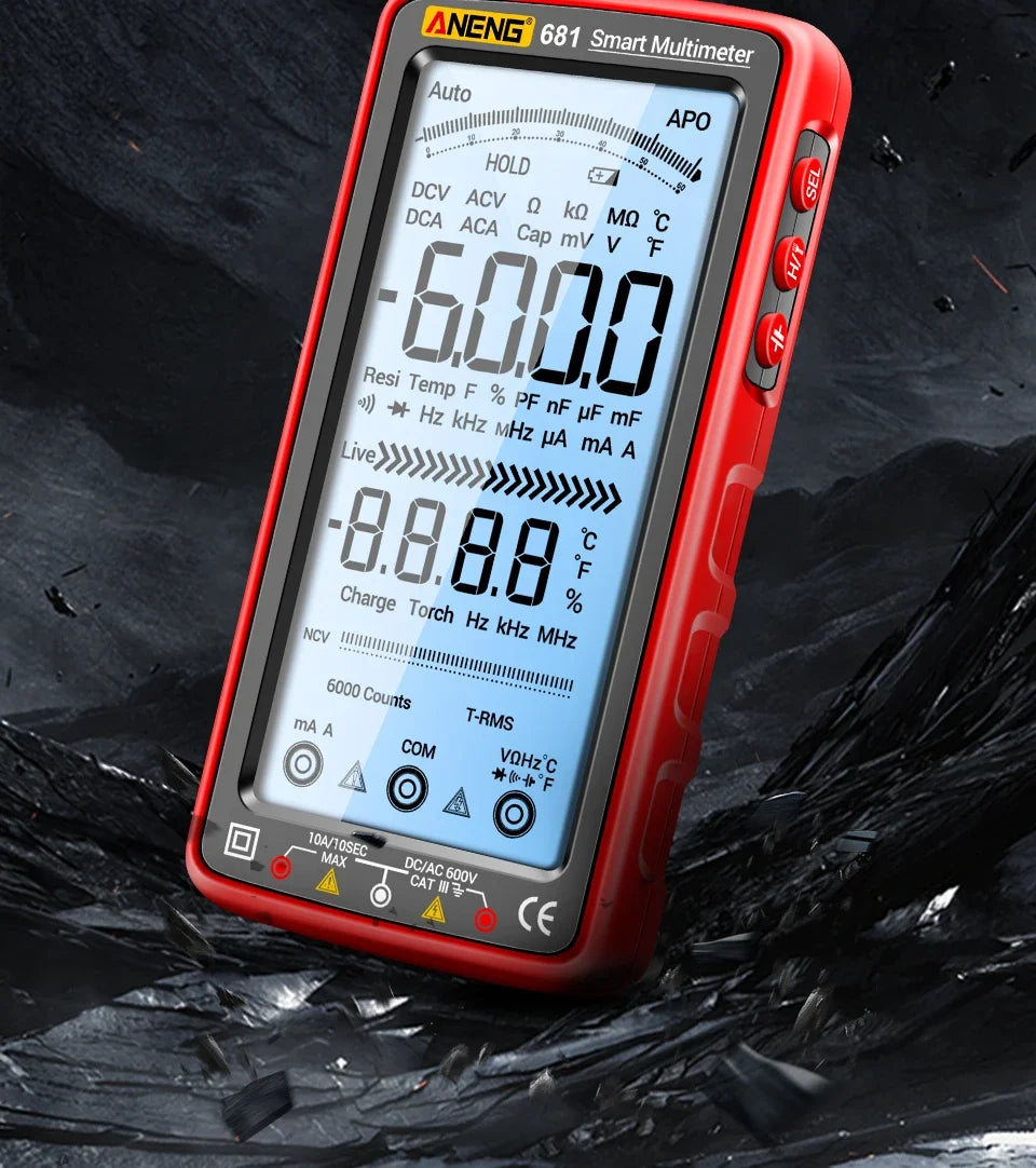 A red digital multimeter with a large display showing -6.00 volts and battery indicators.