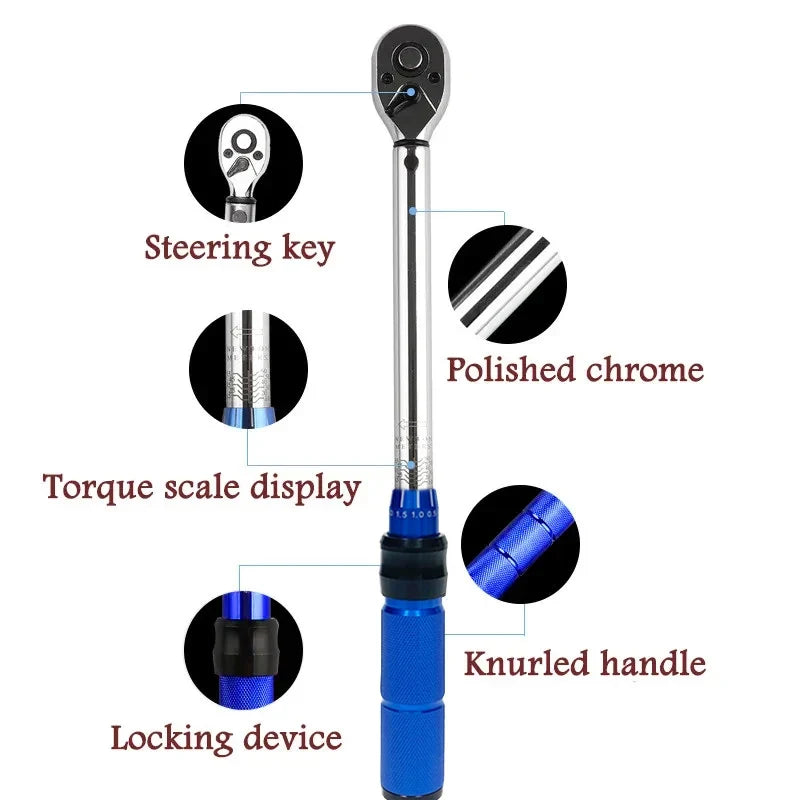 A precision torque wrench set featuring a polished chrome handle, knurled grip, steering key, torque scale display, and locki