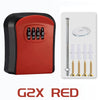 Red wall-mounted security key lock box with a metal key and multiple key blanks.