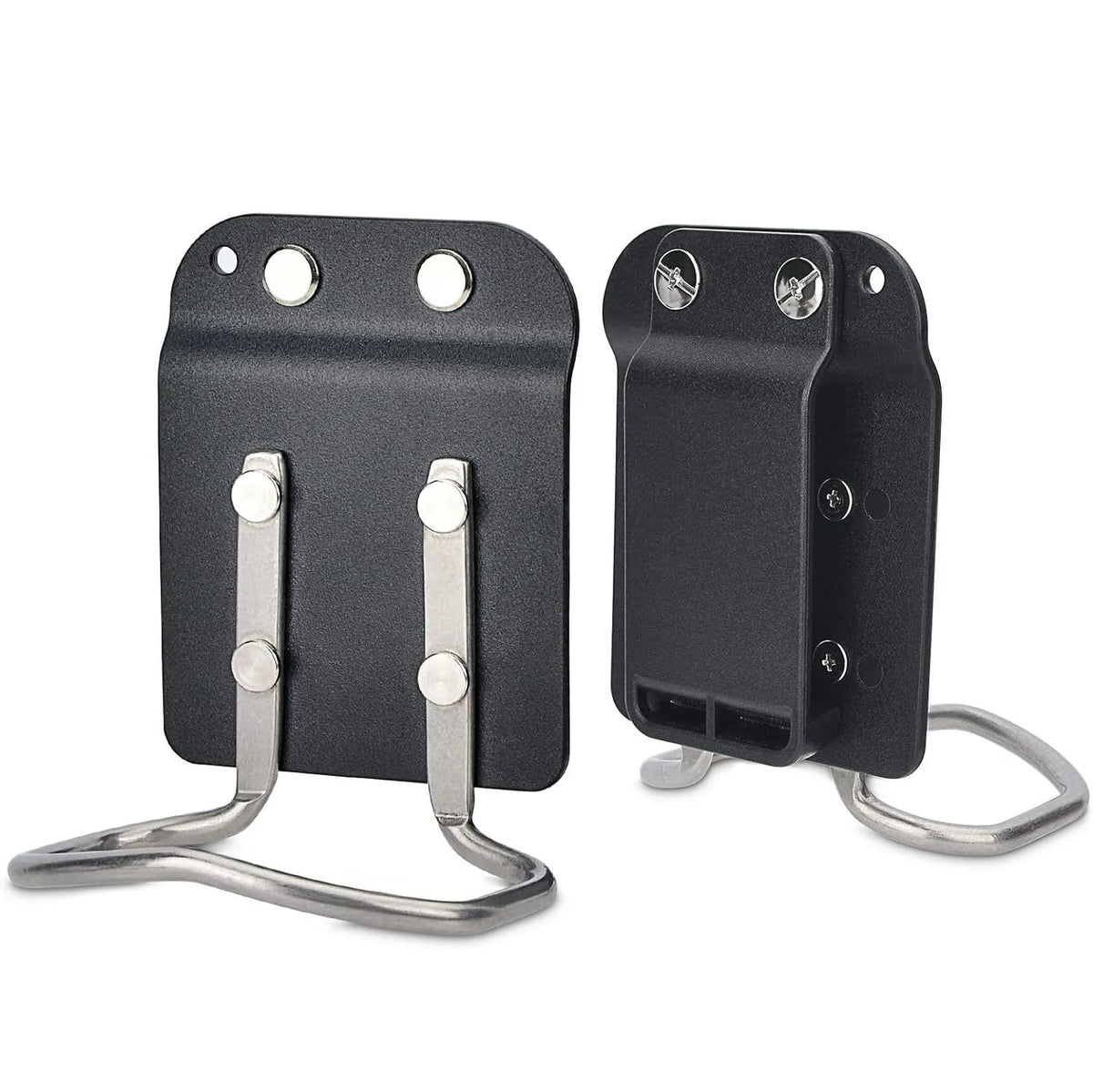 Black clip-on tool belt hook designed for securing drills and hand tools