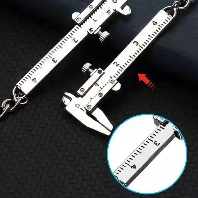 Silver metal jewelry measuring ruler and caliper keychain with markings