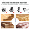 Brocas de router de precisión mostradas con varios materiales de madera, incluyendo madera maciza, MDF y contrachapado.