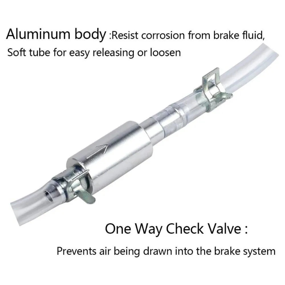 A silver aluminum brake bleeder tube with a fitting for use in the brake system.