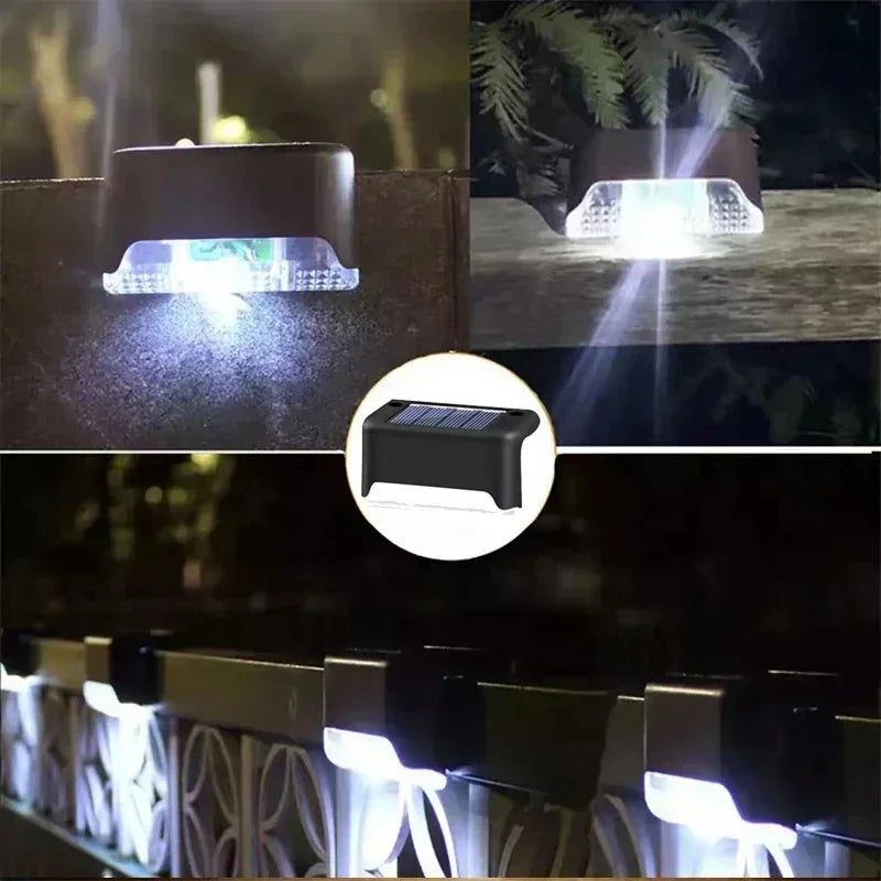 Close-up view of solar LED outdoor deck and garden lights illuminating a dark environment.