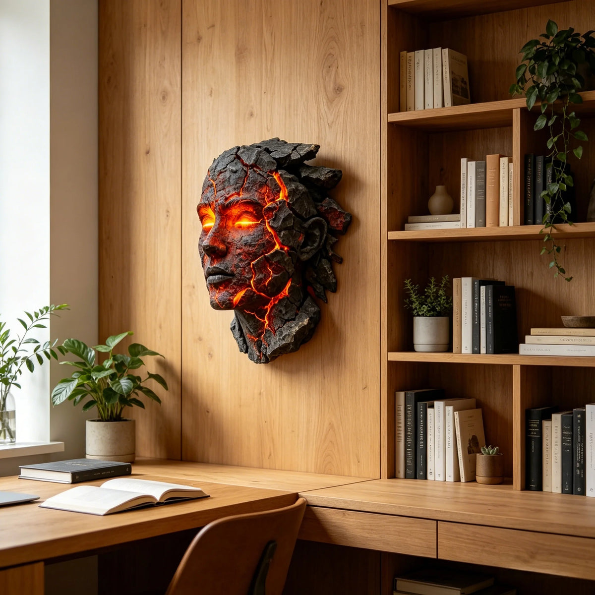 A dark, cracked soul resin wall light pendant mounted on a wooden wall above a light wood desk.