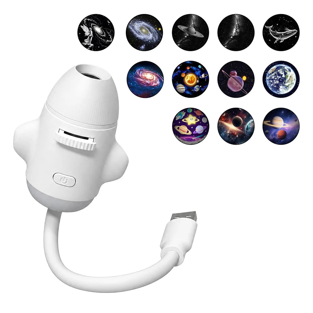 A white dual-mode USB projection lamp with a flexible cord and several images of celestial bodies displayed on the surface.