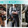 A man wearing a heavy-duty electrician tool belt set is shown working on a pipe in an industrial setting.