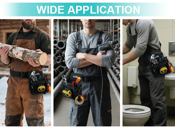 A man wearing a heavy-duty electrician tool belt set is shown working on a pipe in an industrial setting.
