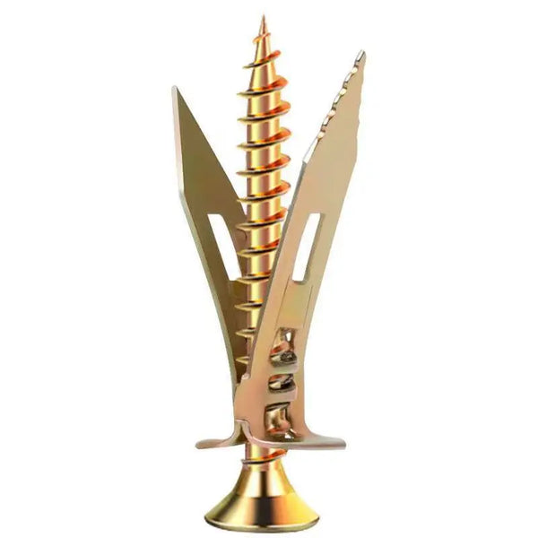 A gold-colored self-tapping expansion anchor kit for drywall and gypsum board.