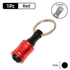 A red screwdriver bit holder with a metal ring and a hexagonal shaft is shown.