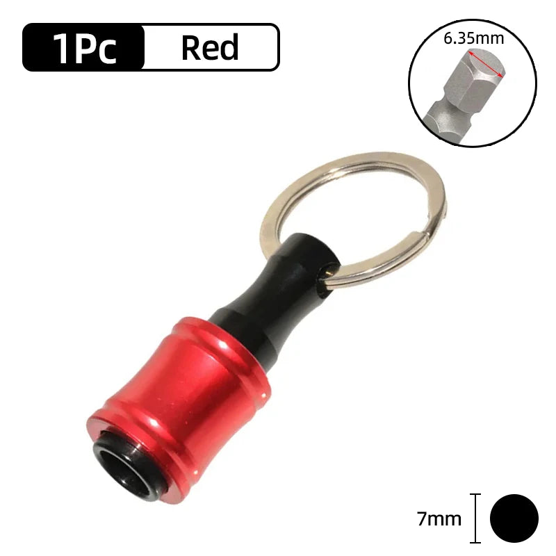 A red screwdriver bit holder with a metal ring and a hexagonal shaft is shown.