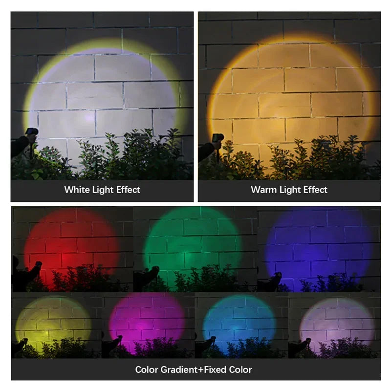 Anzeige von Solar-LED-Spots mit weißen, warmen und verschiedenen Farbübergängen auf einer Ziegelwand.