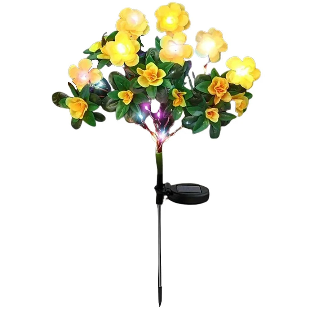 Solar LED azalea flowers with yellow blooms and green leaves for outdoor garden decor