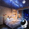 A bedroom decorated with a starry night sky projection on the ceiling and a large window view of a city skyline.