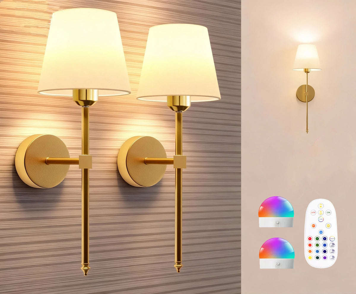 Two brass wall sconces with white shades are mounted on a textured wall, shown alongside a remote control.