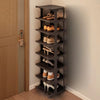 A dark brown stackable vertical shoe rack organizer with multiple tiers for storing shoes.