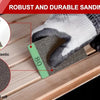 A hand holds a sanding block with coarse grit, demonstrating its tough and elastic nature for sanding.