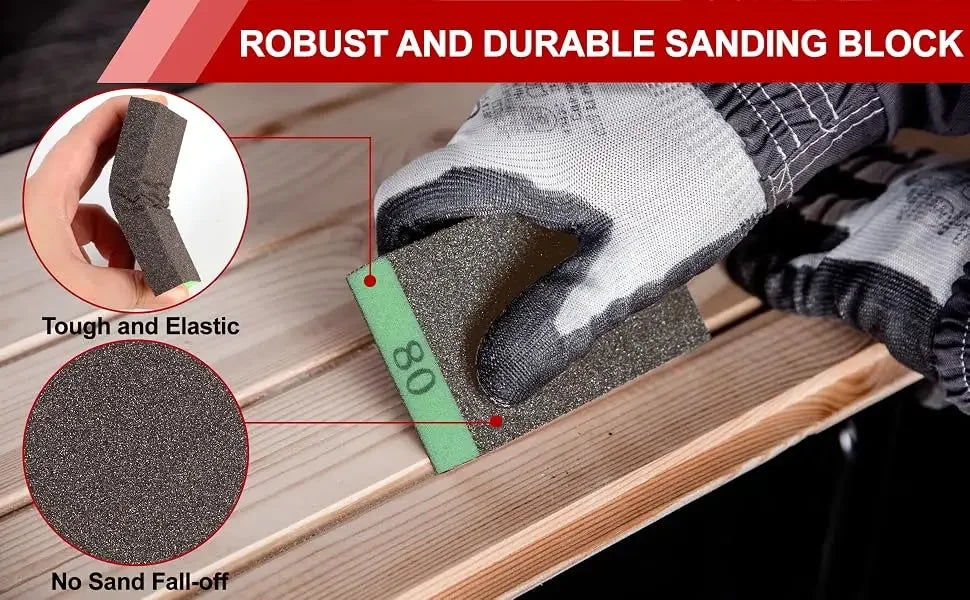 A hand holds a sanding block with coarse grit, demonstrating its tough and elastic nature for sanding.