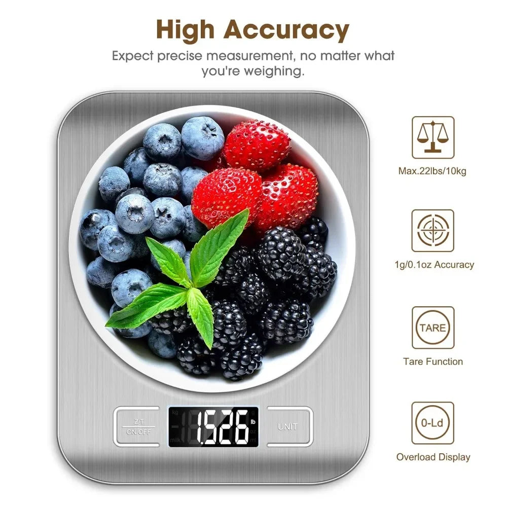 A silver digital kitchen scale measuring various fruits and vegetables.
