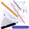 A collection of professional drawing tools including a wooden scale ruler, a pencil, and various drafting rulers on white pap