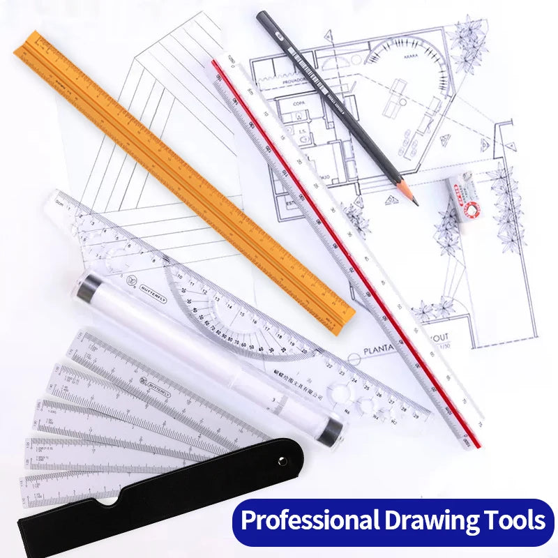 A collection of professional drawing tools including a wooden scale ruler, a pencil, and various drafting rulers on white pap